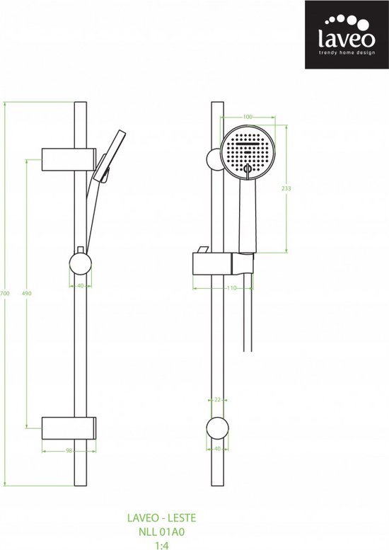 Douchekop set met rail 70cm 2 functies Leste
