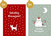Kerst- en Nieuwjaarskaarten, 18 stuks, formaat postkaart, thema 'kat' en tekst 'Gelukkig Miauwjaar!'.