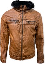 Heren jas - imitatieleer- winterjas met warme binnen voering en afneembare kraag-Bruin XL