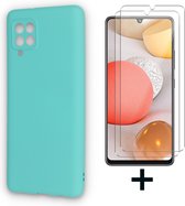 Samsung Galaxy A22 5G Hoesje Turquoise & 2 Glazen Screenprotectors - Siliconen Back Cover