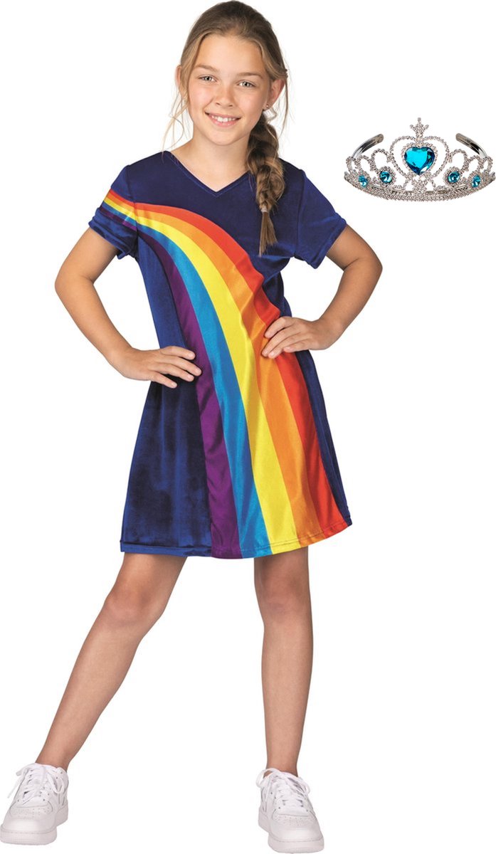 K3 regenboogjurkje - regenboog jurkje - regenboogjurk - verkleedjurk, jurk - mt 3-5 jaar + kroontje zilver