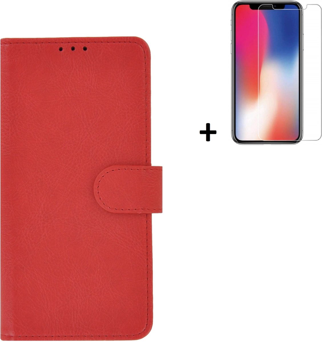 Hoesje Geschikt voor iPhone 11 Pro + Screenprotector iPhone 11 Pro - iPhone 11 Pro Hoes Wallet Bookcase Rood + Tempered Glass