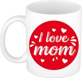 I love mom/ mama cadeau koffiemok / theebeker wit cirkel met hartjes - 300 ml - keramiek - Moederdag / mama cadeau