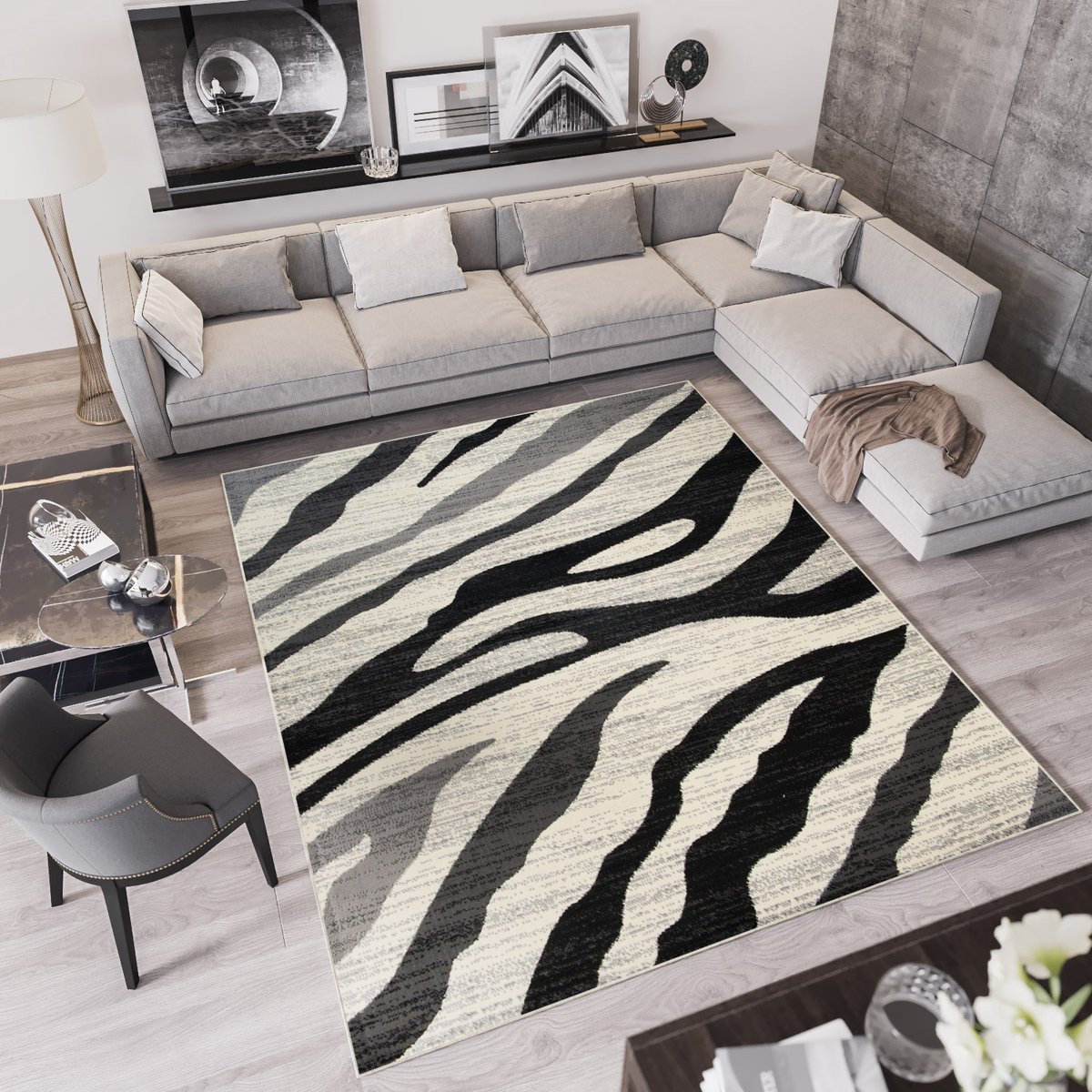 Tapiso Qmega Vloerkleed Grijs Zwart Zebra Dierenprint Tapijt Maat- 80x150