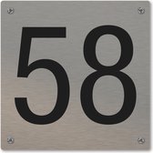 Huisnummerbord - huisnummer 58 - voordeur - 12 x 12 cm - rvs look - schroeven - naambordje nummerbord