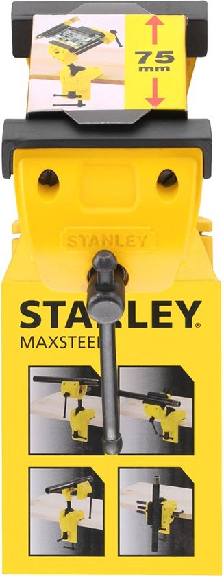 Gele Stanley Maxsteel boorklem met verpakking, met 75mm indicatie.