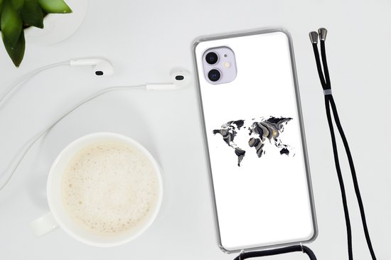 Coque avec cordon iPhone 11 - Carte du Wereldkaart - Goud - Ligne - Siliconen - Bandoulière - Coque arrière avec cordon - Coque pour téléphone avec cordon - Coque avec corde