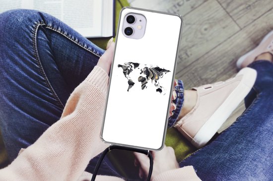 Coque avec cordon iPhone 11 - Carte du Wereldkaart - Goud - Ligne - Siliconen - Bandoulière - Coque arrière avec cordon - Coque pour téléphone avec cordon - Coque avec corde