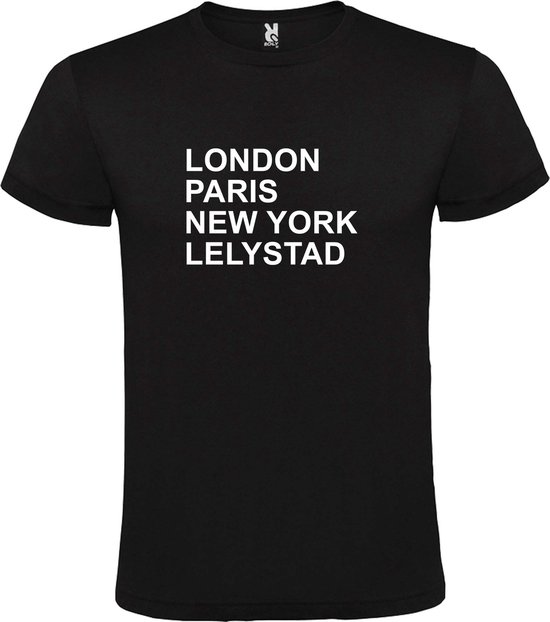 Zwart t-shirt met " London, Paris , New York, Lelystad " print Wit size L