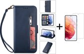 Luxe Telefoonhoesje voor Samsung Galaxy S22 Ultra | Hoogwaardig Leren Bookcase | Lederen Wallet Case | Pasjeshouder | Blauw + 1x Screenprotector