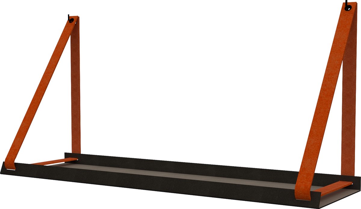 Handles and more - Stalen wandplank zwart 70cm + leren plankdragers Suede Brick