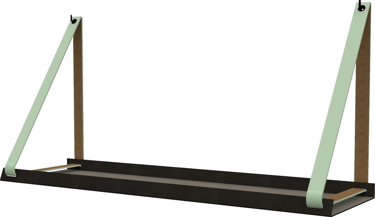Handles and more - Stalen wandplank zwart 70cm + leren plankdragers Mint