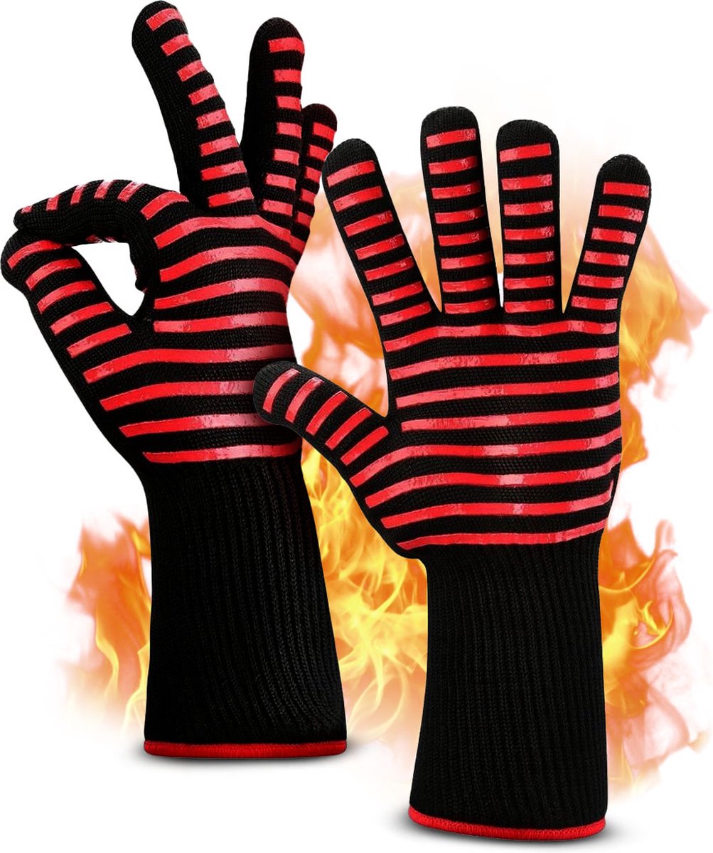 BBQ handschoenen & Ovenwanten - BBQ accessoires - Ovenhandschoenen tot 500°C – Voorkomt brandwonden door extra lange armbescherming - Rood/zwart - QY