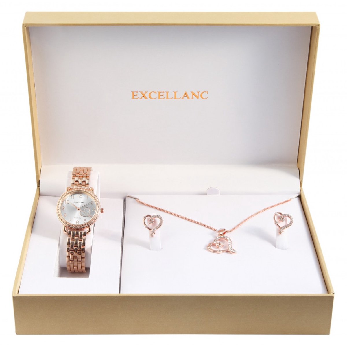 Excellanc dameshorloge geschenkset rosékleurig cadeauset ketting, oorbellen kerstcadeau