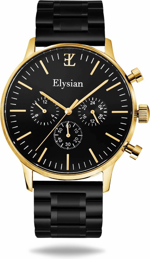 Montres Elysian pour homme - Or - Bracelet à maillons noir - Acier inoxydable - Étanche 5 Bar - Glas saphir anti-rayures - Chronographe - Ø 43mm - Montre homme - Cadeau pour homme