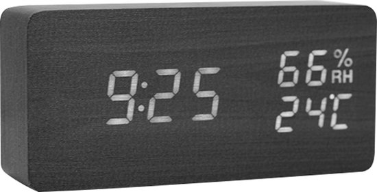 Horloge numérique - Horloge de bureau - Aspect bois - Chiffres Zwart + Witte