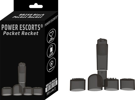 Foto: Power escorts pocket rocket trendy zwart mini wand vibrator met 4 verschillende opzetstukken gave cadeaubox ideaal om te geven of te ontvangen br258