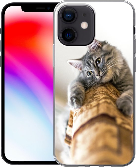 Telefoonhoesje Geschikt voor iPhone 12 mini hoesje - Kat - Krabpaal - Grijs - Siliconen Telefoonhoesje Telefoonhoesje