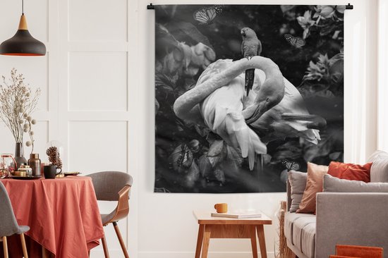 Tapisserie - Toile murale - Flamingo - Papillons - Jungle - Zwart - Wit - 180x180 cm - Tapisserie