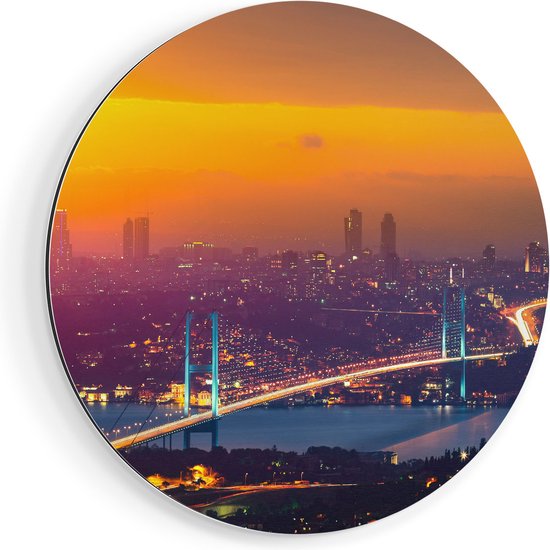 Artaza Dibond Muurcirkel Bosporusbrug In Istanbul Bij Zonsondergang - Ø 40 cm - Klein - Wandcirkel - Rond Schilderij - Voor Binnen en Buiten