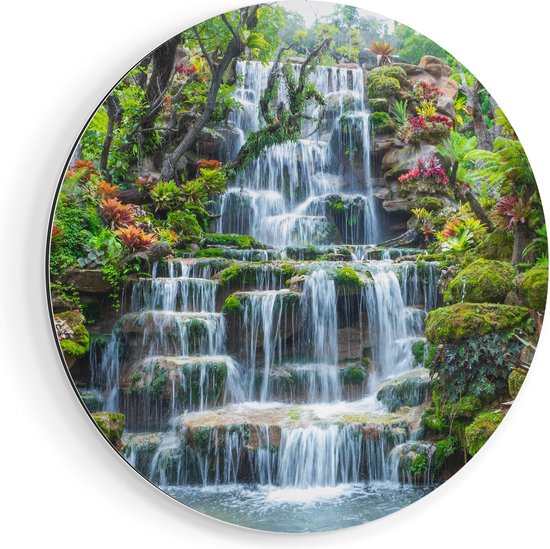 Artaza Dibond Muurcirkel Tropische Waterval In Thailand - Ø 40 cm - Klein - Wandcirkel - Rond Schilderij - Voor Binnen en Buiten