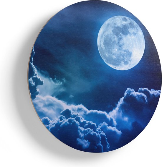 Artaza Houten Muurcirkel - Volle Maan bij Wolken - Ø 40 cm - Klein - Multiplex Wandcirkel - Rond Schilderij
