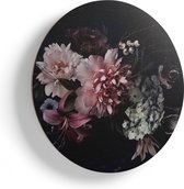 Artaza Houten Muurcirkel - Diverse Bloemen Op Zwart Achtergrond - Ø 70 cm - Multiplex Wandcirkel - Rond Schilderij
