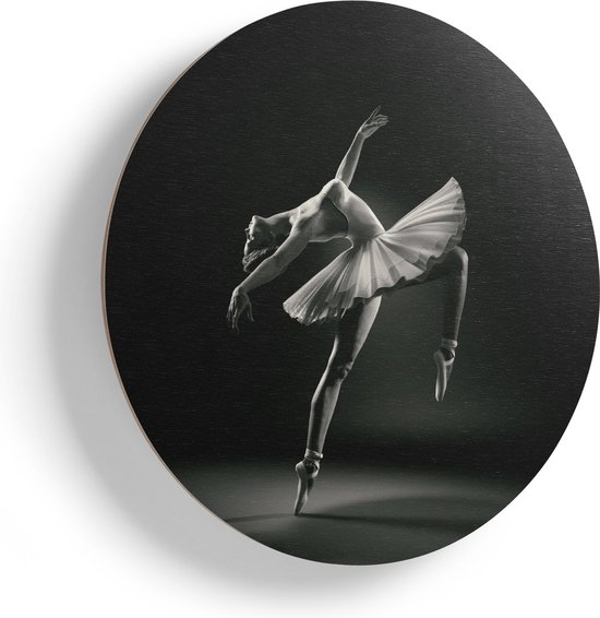 Artaza Houten Muurcirkel - Ballerina op Haar Tenen - Ballet - Zwart Wit - Ø 40 cm - Klein - Multiplex Wandcirkel - Rond Schilderij