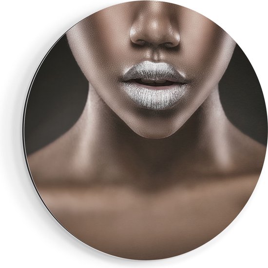 Artaza Muurcirkel - Zilveren Lippen Van Een Afrikaanse Vrouw - Wandcirkel - Rond Schilderij
