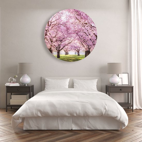 Artaza Dibond Wall Circle - Pink Blossom Tree Park - Fleurs - Ø 90 cm - Groot - Wall Circle - Tableau Rond - Pour Intérieur et Extérieur