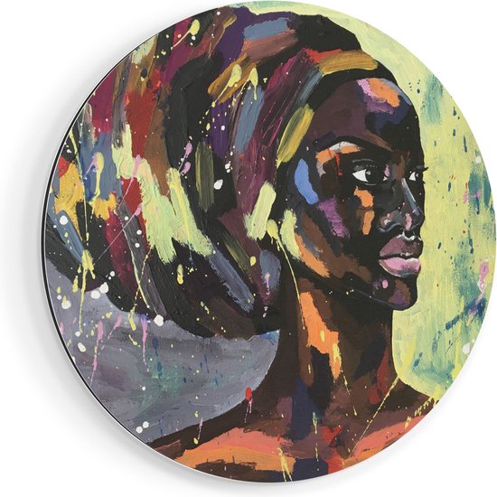 Artaza Dibond Muurcirkel - Getekende Afrikaanse Vrouw - Abstract - Ø 70 cm - Wandcirkel - Rond Schilderij - Voor Binnen en Buiten