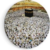 Artaza Dibond Muurcirkel Zwarte Steen in Mekka met Biddende Moslims - Ø 80 cm - Groot - Wandcirkel - Rond Schilderij - Voor Binnen en Buiten