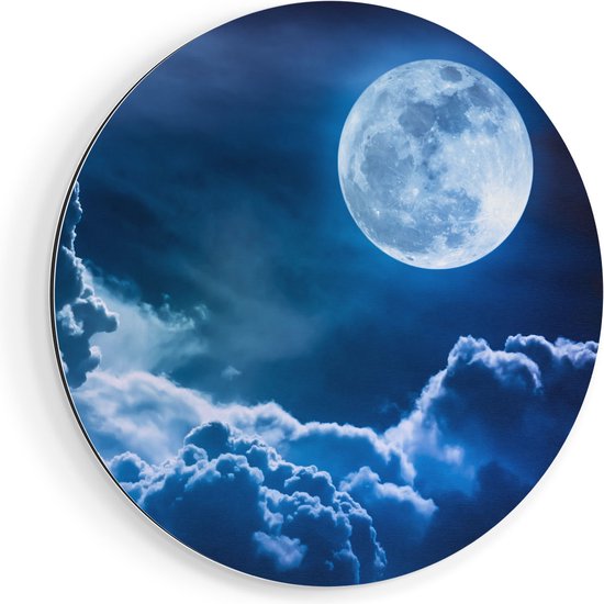 Artaza Dibond Muurcirkel Volle Maan bij Wolken - Ø 80 cm - Groot - Wandcirkel - Rond Schilderij - Voor Binnen en Buiten