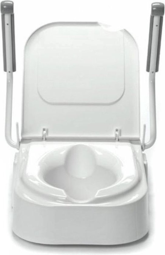 Witte toiletverhoger met openklapbare grijze armleuningen.
