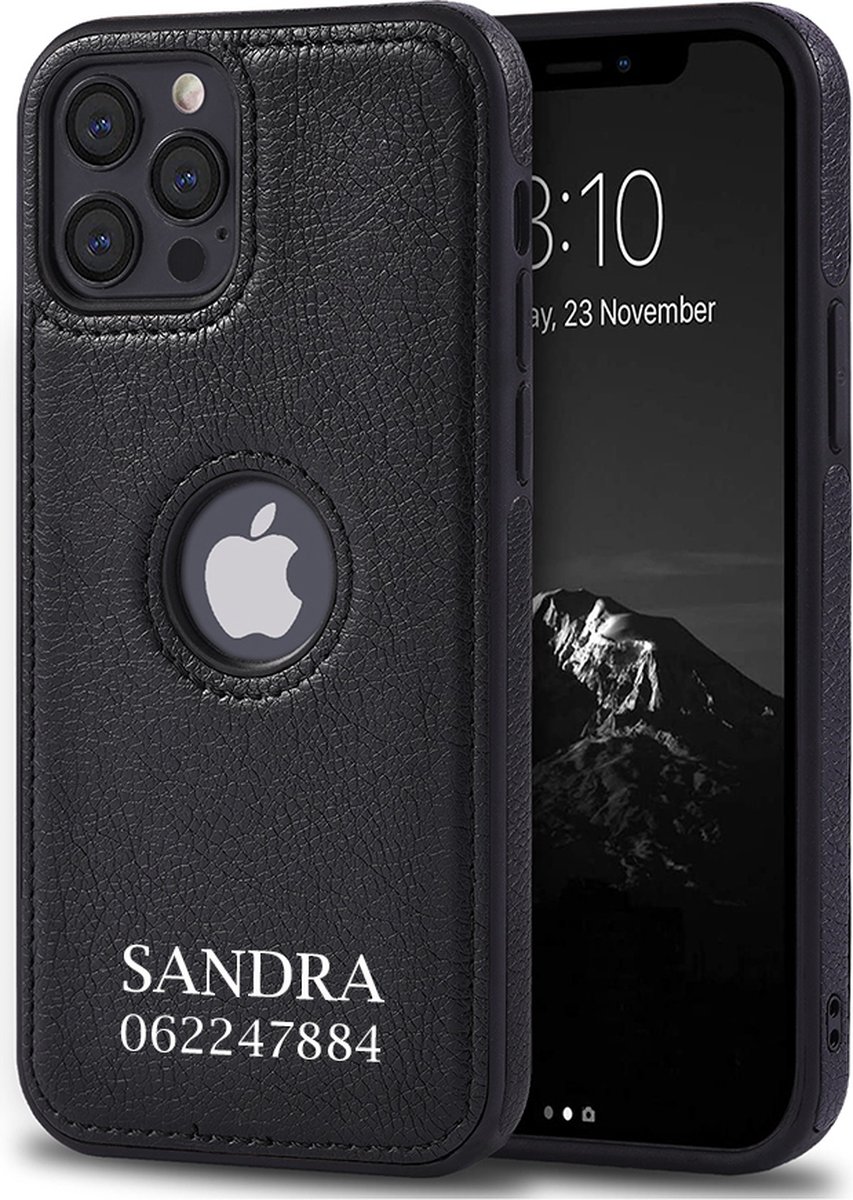 Lederen iPhone 13 Pro Max hoesje met naam, Gepersonaliseerde iphone hoesje, zwart kleur