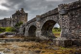 Celtic Tree - Canvas schilderij - Eilean Donan Castle - 80x120cm - Wanddeco - Premium Canvas - Kasteel - Schotland - Brug - Oudheid - Water - Groen - Grijs - Bruin