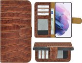 Samsung S21 Plus hoesje - Wallet - Samsung Galaxy S21 Plus Hoesje BookCase Echt Leer Croco Kaneelbruin Cover