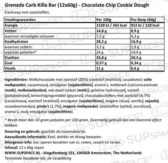 Grenade Protein Bar Chocolate Chip Cookie Dough 21g Protein - Doos 12x 60g - 720g - Eiwitrepen voor Twee Weken - Eiwitten voor Spieren - Sportvoeding - Tussendoortjes — afbeelding 5