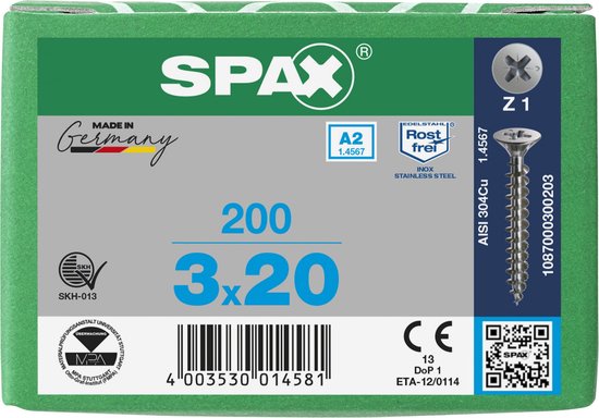 Spax Spaanplaatschroef RVS PK 3.0 x 20 (200) - 200 stuks - Spax