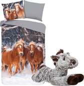Dekbedovertrek Bruine Pony's - Flanel-Katoen- 1 persoons- 140x200- dekbed slaapkamer- Happy Horses - paard, incl. Pluche paard 32 cm donker bruin