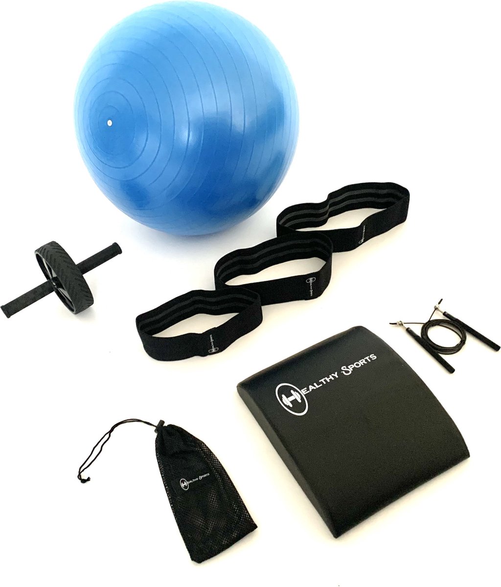 Healthy sports - Sport set - Hip Bands met 3 weerstandniveaus - Yoga bal - Ab mat - Ab wheel - Jump rope