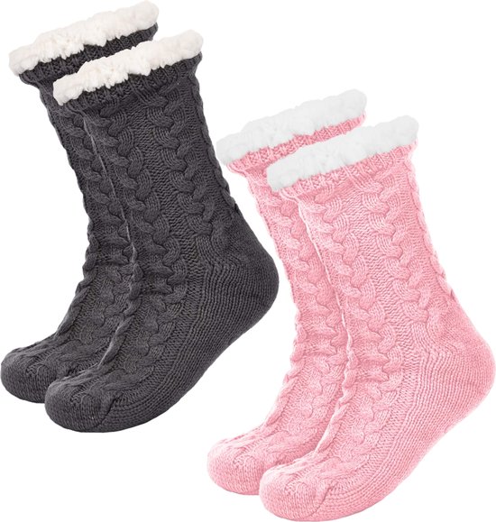 JAXY Huissokken - Huissokken Dames en Heren - Verwarmde sokken - Anti Slip Sokken - Fleece Sokken - Dikke Sokken - Fluffy Sokken - Slofsokken - Warme Sokken - Bedsokken - Gevoerde Sokken - Winter Sokken - 2 Paar - Roze + Grijs