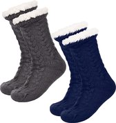 JAXY Huissokken - Huissokken Dames en Heren - Verwarmde sokken - Anti Slip Sokken - Fleece Sokken - Dikke Sokken - Fluffy Sokken - Slofsokken - Warme Sokken - Bedsokken - Gevoerde Sokken - Winter Sokken - 2 Paar - Grijs + Blauw