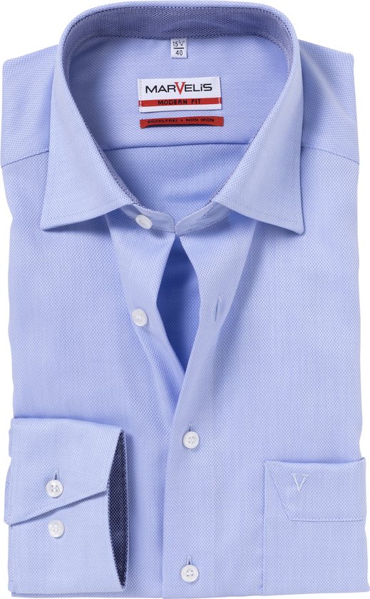 MARVELIS Modern Fit overhemd - lichtblauw structuur (contrast) - Strijkvrij - Boordmaat: