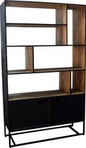 Black Omerta - Bibliotheekkast - mango - zwart - naturel - 2 deuren - 7 nissen - stalen frame