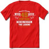 45 Jaar Legend T-Shirt | Goud - Wit | Grappig Verjaardag en Feest Cadeau Shirt | Dames - Heren - Unisex | Tshirt Kleding Kado | - Rood - XL