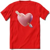 Valentijn Hart met pijl T-Shirt | Grappig Valentijnsdag Cadeautje voor Hem en Haar | Dames - Heren - Unisex | Kleding Cadeau | - Rood - L