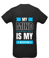 Huurdies Sportshirt | My mind is my weapon | maat S | Bedrukkingskleur lichtblauw | shirt zwart