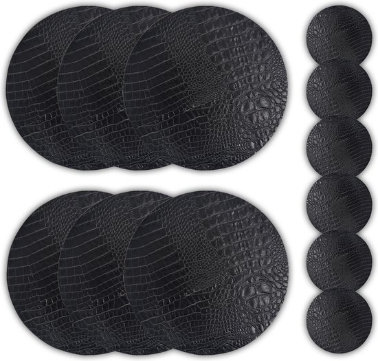 Coaster Queen 6 Placemats en 6 onderzetters Leer Zwart Croco