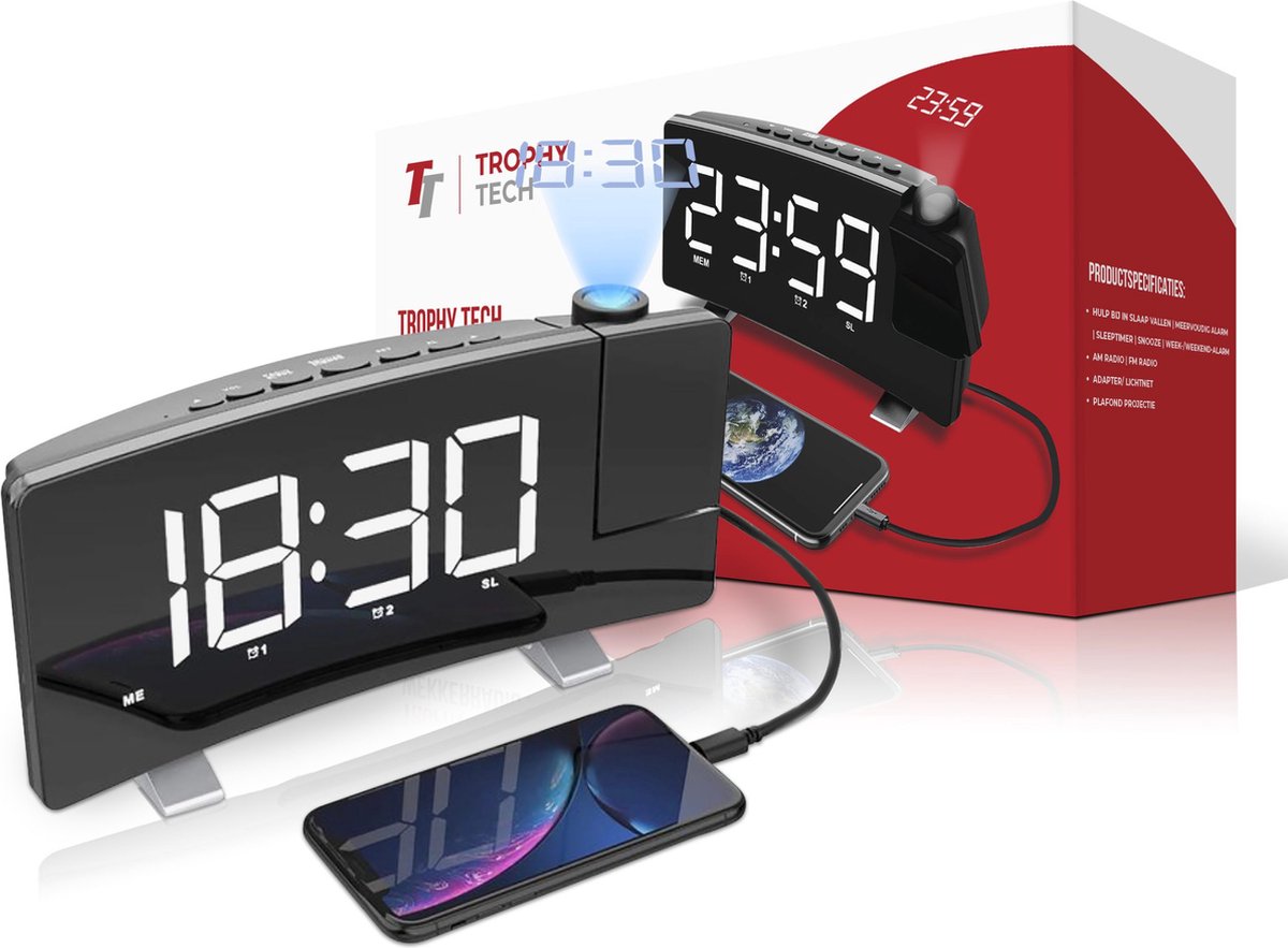 Trophy tech Wekkerradio Met Projectie - Digitale Wekker - Alarm Clock -  Oplader -... | bol.com